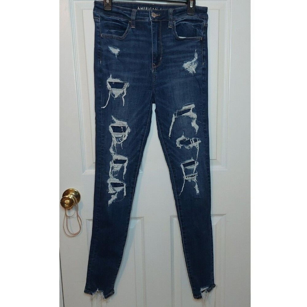 American Eagle Distressed Super Hi Rise Jeggings Raw Fringe Hem Dark Wash Sz 6 L